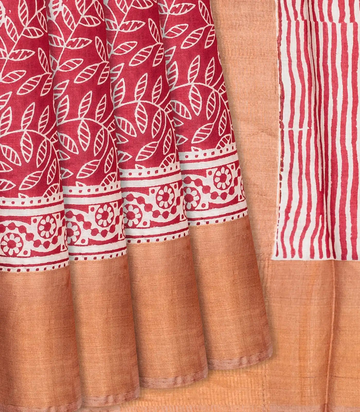 Red Handloom Tussar Silk Saree With Printed Floral Vine Motifs-Red