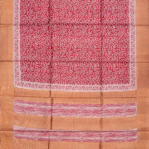 Red Handloom Tussar Silk Saree With Printed Floral Vine Motifs-Red