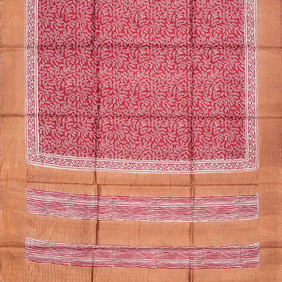 Red Handloom Tussar Silk Saree With Printed Floral Vine Motifs-Red