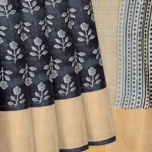 Black Handloom Tussar Silk Saree With Printed Floral Motifs-Black