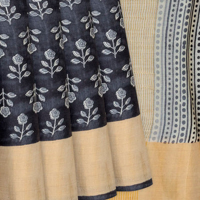 Black Handloom Tussar Silk Saree With Printed Floral Motifs-Black