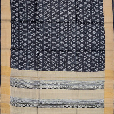 Black Handloom Tussar Silk Saree With Printed Floral Motifs-Black