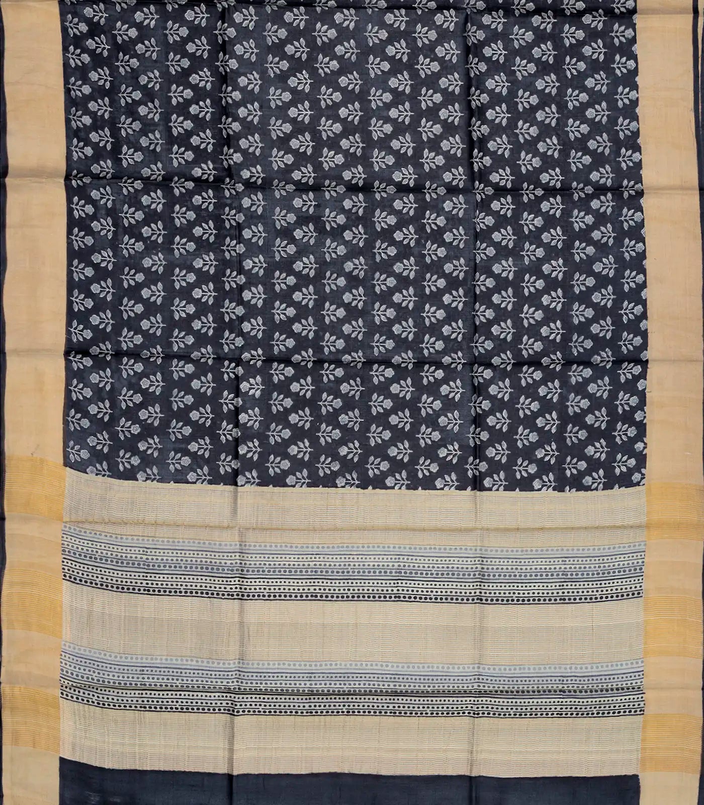 Black Handloom Tussar Silk Saree With Printed Floral Motifs-Black