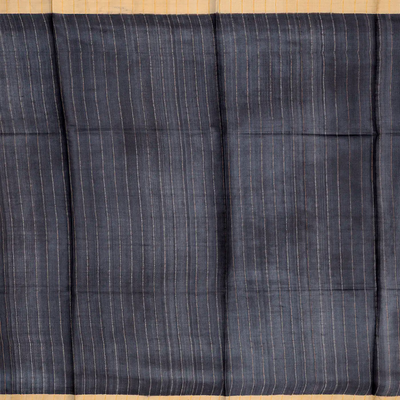 Black Handloom Tussar Silk Saree With Printed Floral Motifs-Black