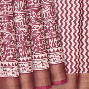 Chestnut Pink Handloom Tussar Silk Saree With Printed Tribal Motifs-Chestnut Pink