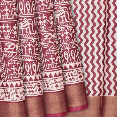 Chestnut Pink Handloom Tussar Silk Saree With Printed Tribal Motifs-Chestnut Pink
