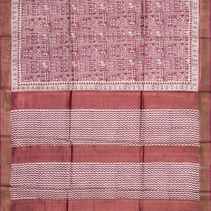 Chestnut Pink Handloom Tussar Silk Saree With Printed Tribal Motifs-Chestnut Pink