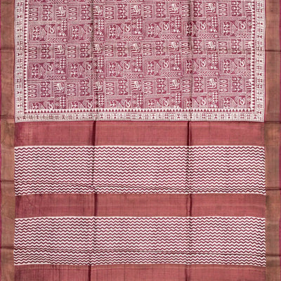 Chestnut Pink Handloom Tussar Silk Saree With Printed Tribal Motifs-Chestnut Pink