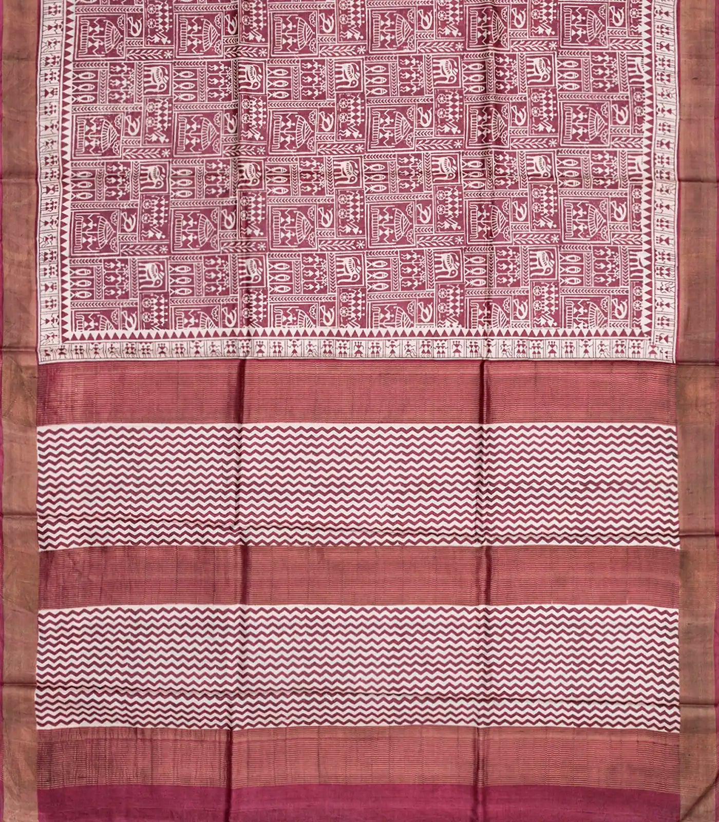 Chestnut Pink Handloom Tussar Silk Saree With Printed Tribal Motifs-Chestnut Pink