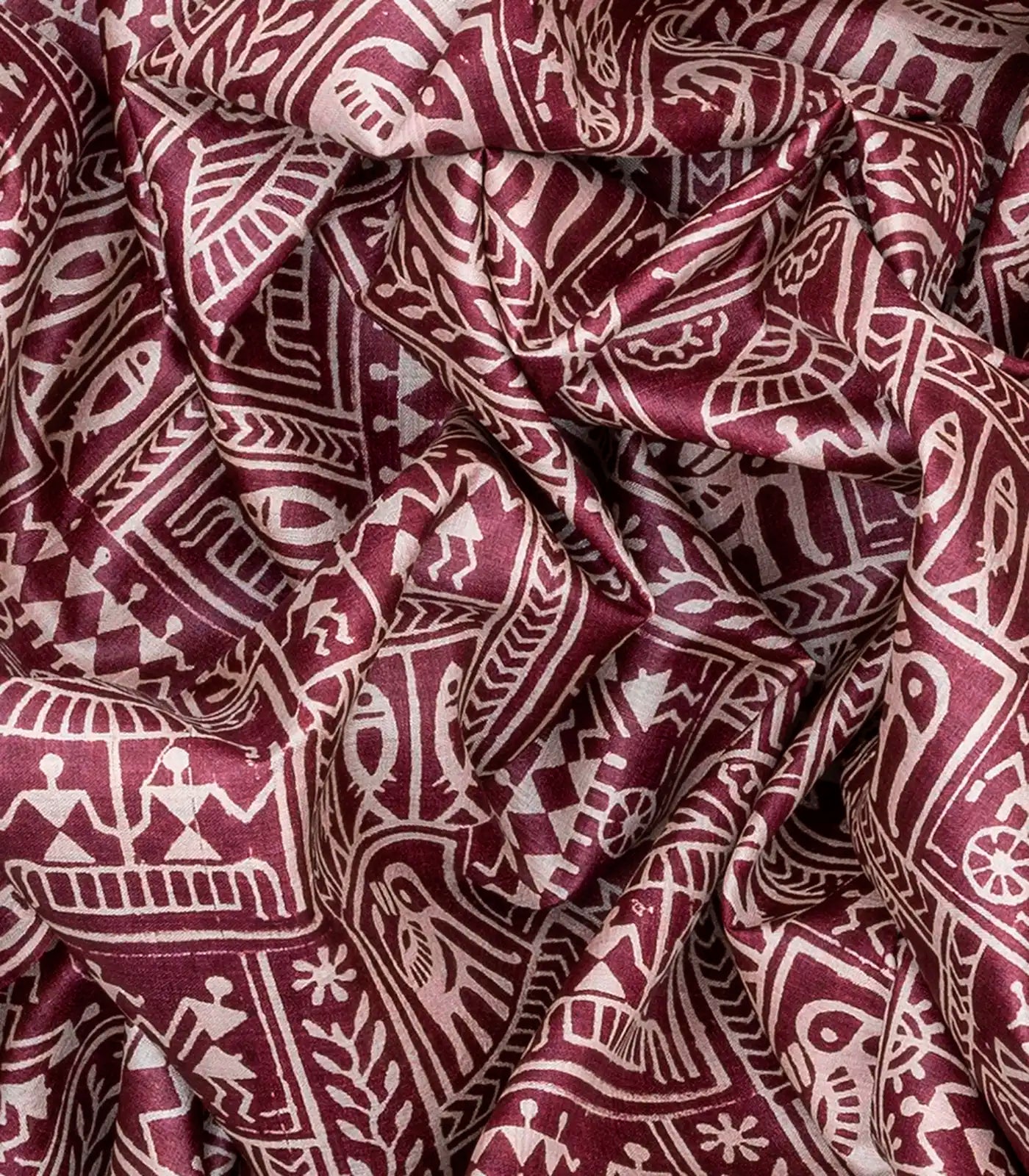 Chestnut Pink Handloom Tussar Silk Saree With Printed Tribal Motifs-Chestnut Pink