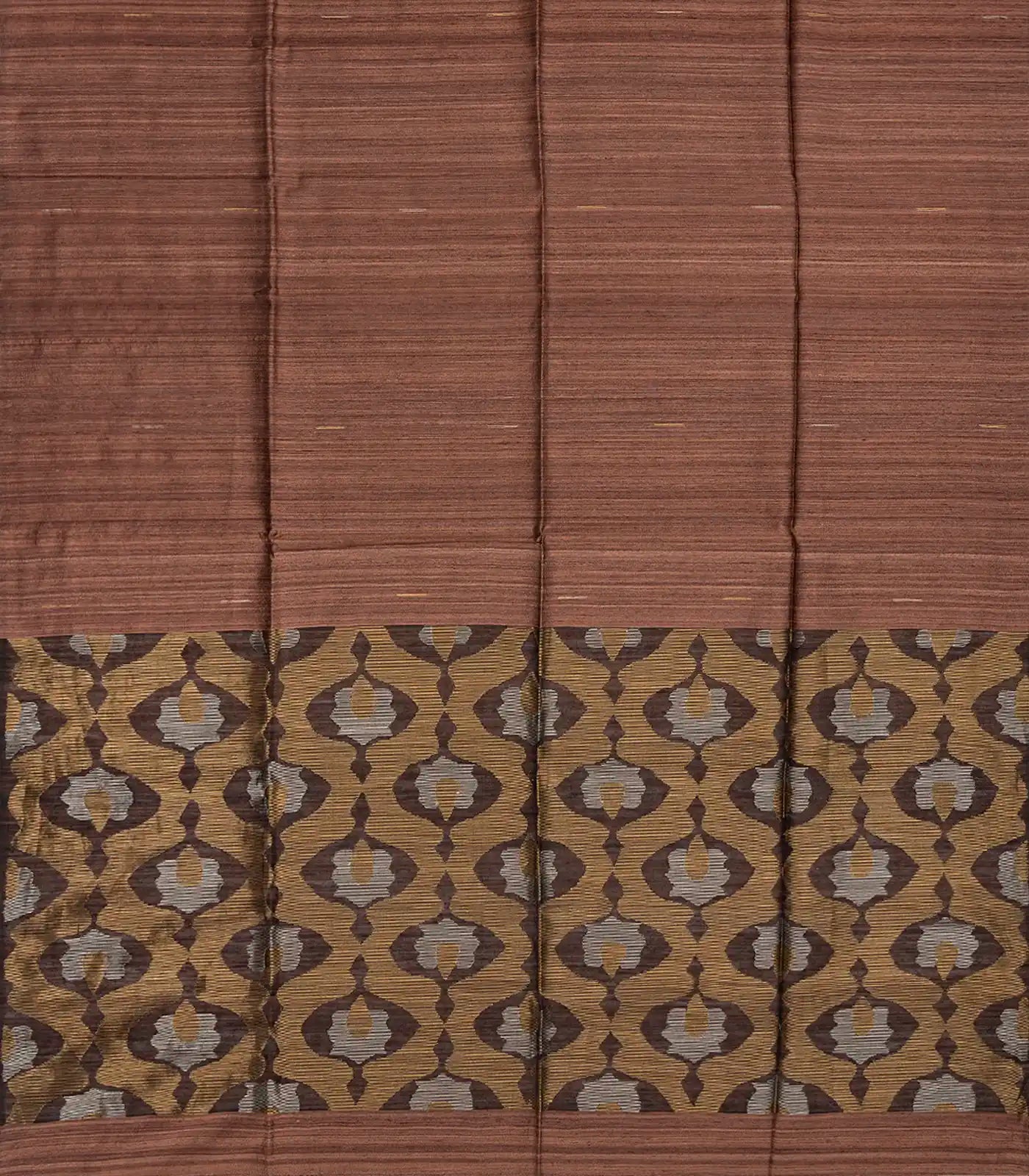 Brown Handloom Jute Saree With Stripe Buttas-Brown