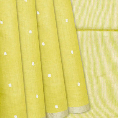 Green Handloom Munga Tussar Silk Saree With Kamalam Motifs-Green