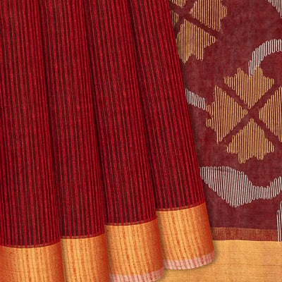 Crimson Handloom Kora Silk Saree With Stripes-Crimson