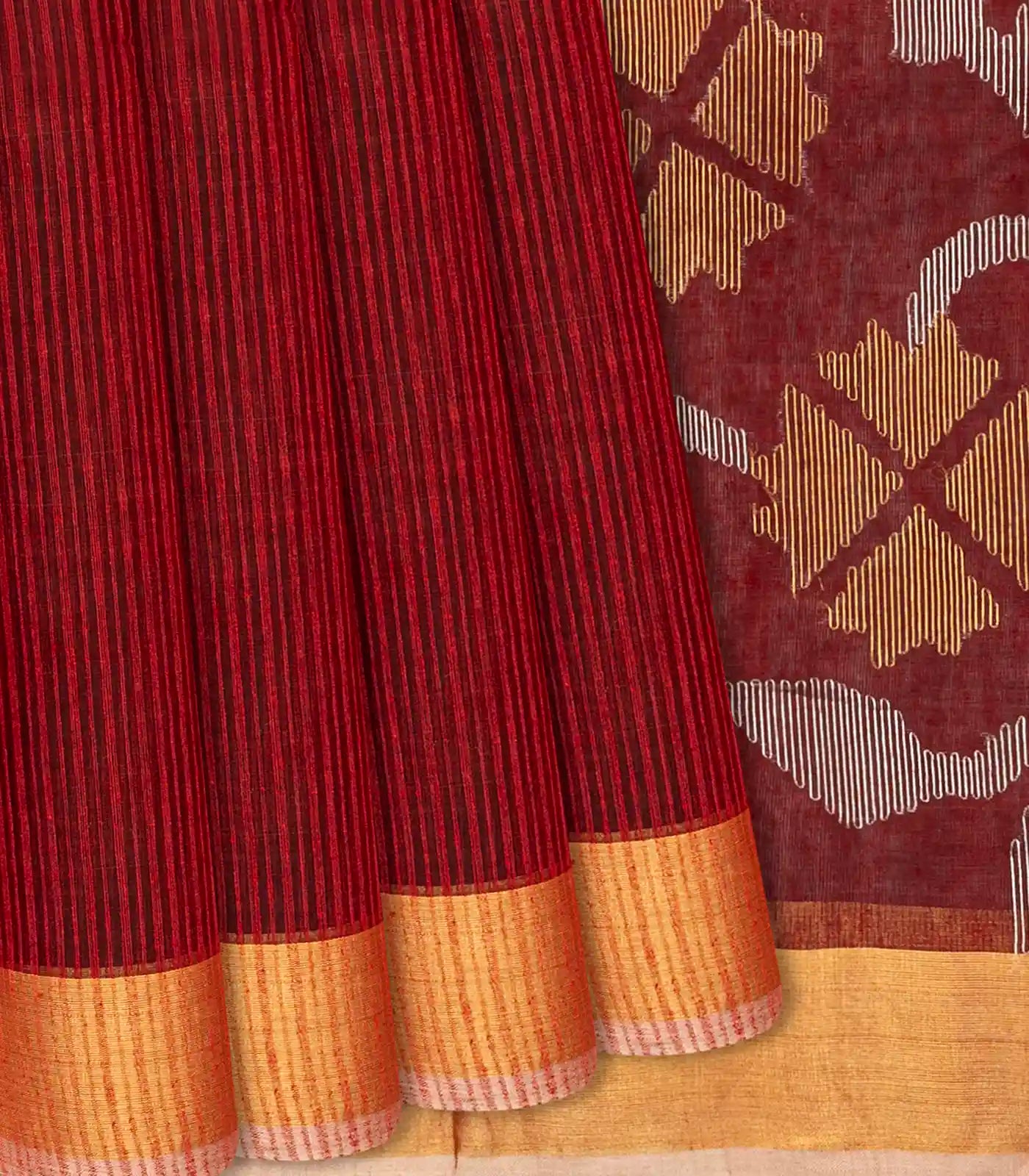 Crimson Handloom Kora Silk Saree With Stripes-Crimson