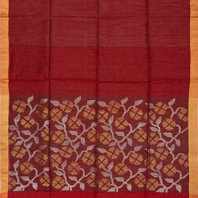 Crimson Handloom Kora Silk Saree With Stripes-Crimson