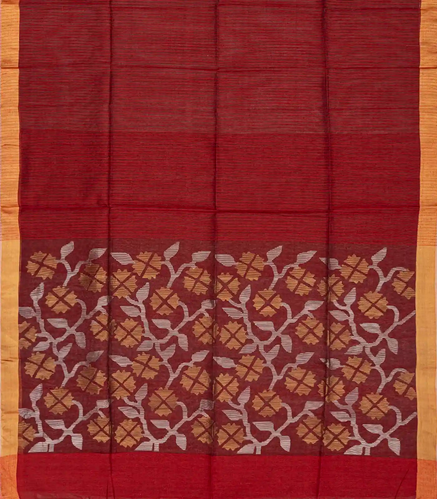 Crimson Handloom Kora Silk Saree With Stripes-Crimson
