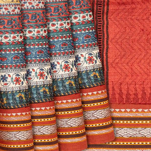 Crimson Handloom Tussar Silk Saree With Printed Floral Motifs-Crimson