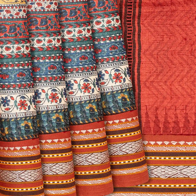 Crimson Handloom Tussar Silk Saree With Printed Floral Motifs-Crimson