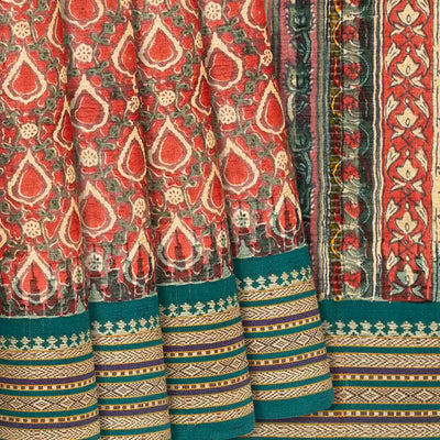 Red Handloom Tussar Silk Saree With Printed Floral Motifs-Red