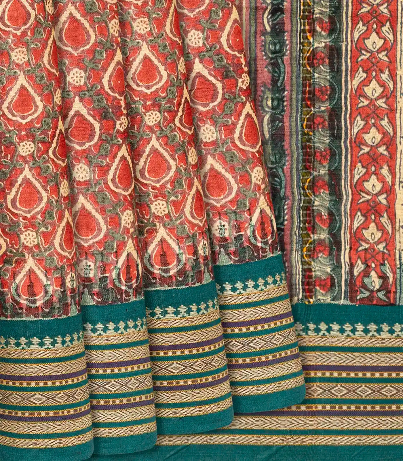 Red Handloom Tussar Silk Saree With Printed Floral Motifs-Red