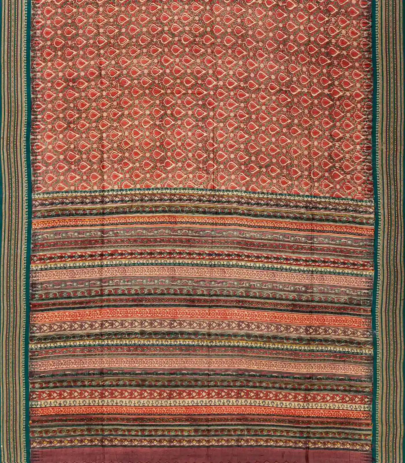 Red Handloom Tussar Silk Saree With Printed Floral Motifs-Red