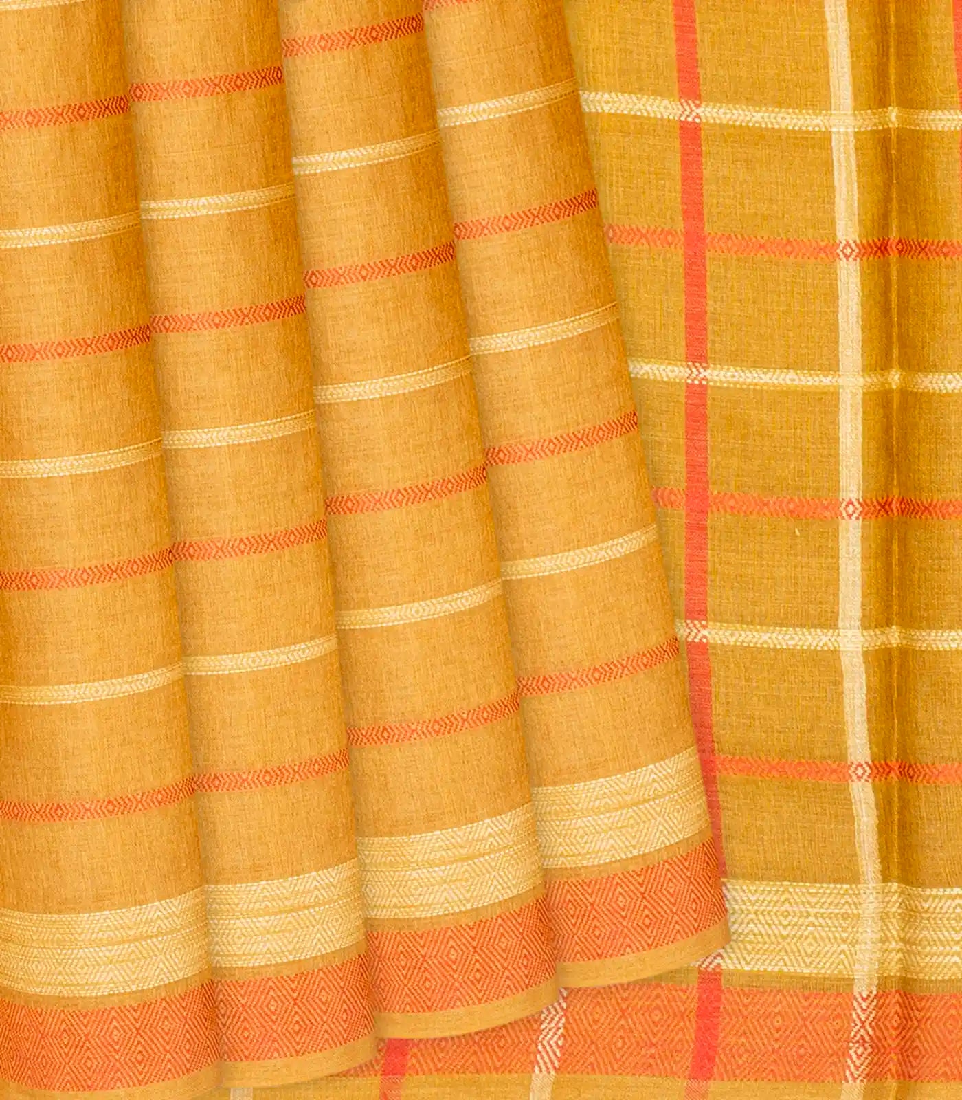 Mustard Handwoven Tussar Silk Saree With Stripes-Mustard