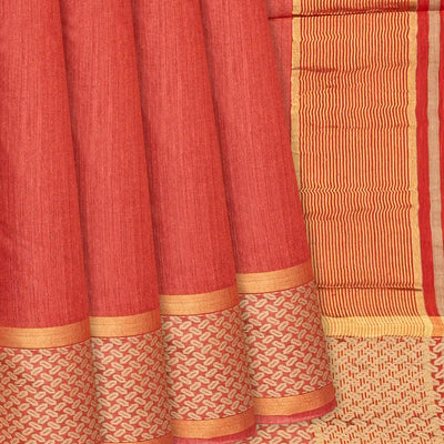 Orange Handwoven Tussar Silk Saree With Striped Pallu-Orange