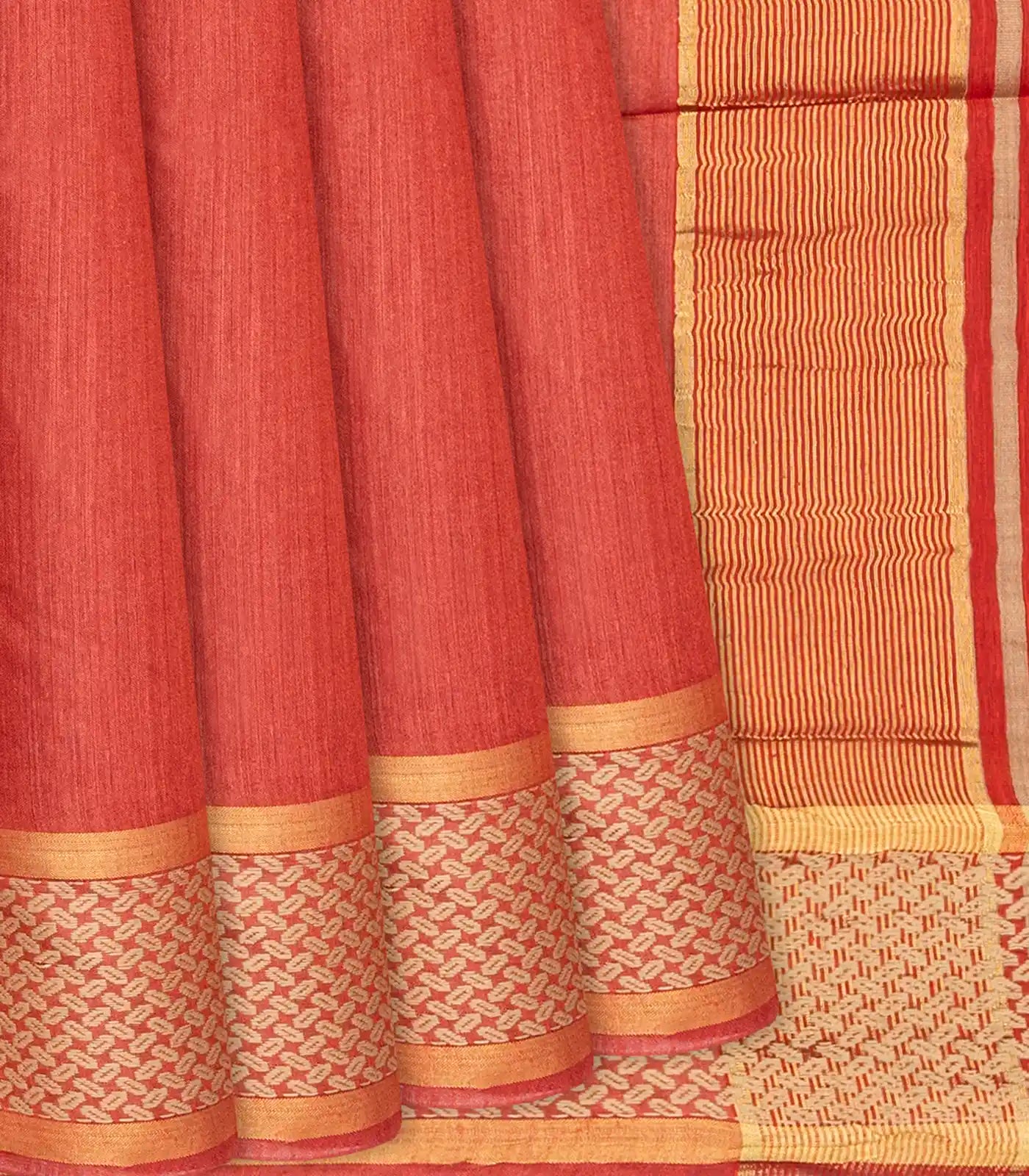 Orange Handwoven Tussar Silk Saree With Striped Pallu-Orange