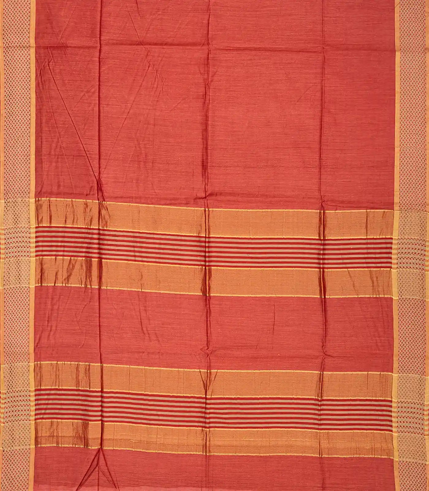 Orange Handwoven Tussar Silk Saree With Striped Pallu-Orange
