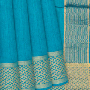 Sky Blue Handwoven Tussar Silk Saree With Striped Pallu-Sky Blue