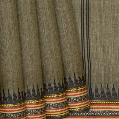 Sage Green Handwoven Tussar Silk Saree With Temple Border-Sage Green