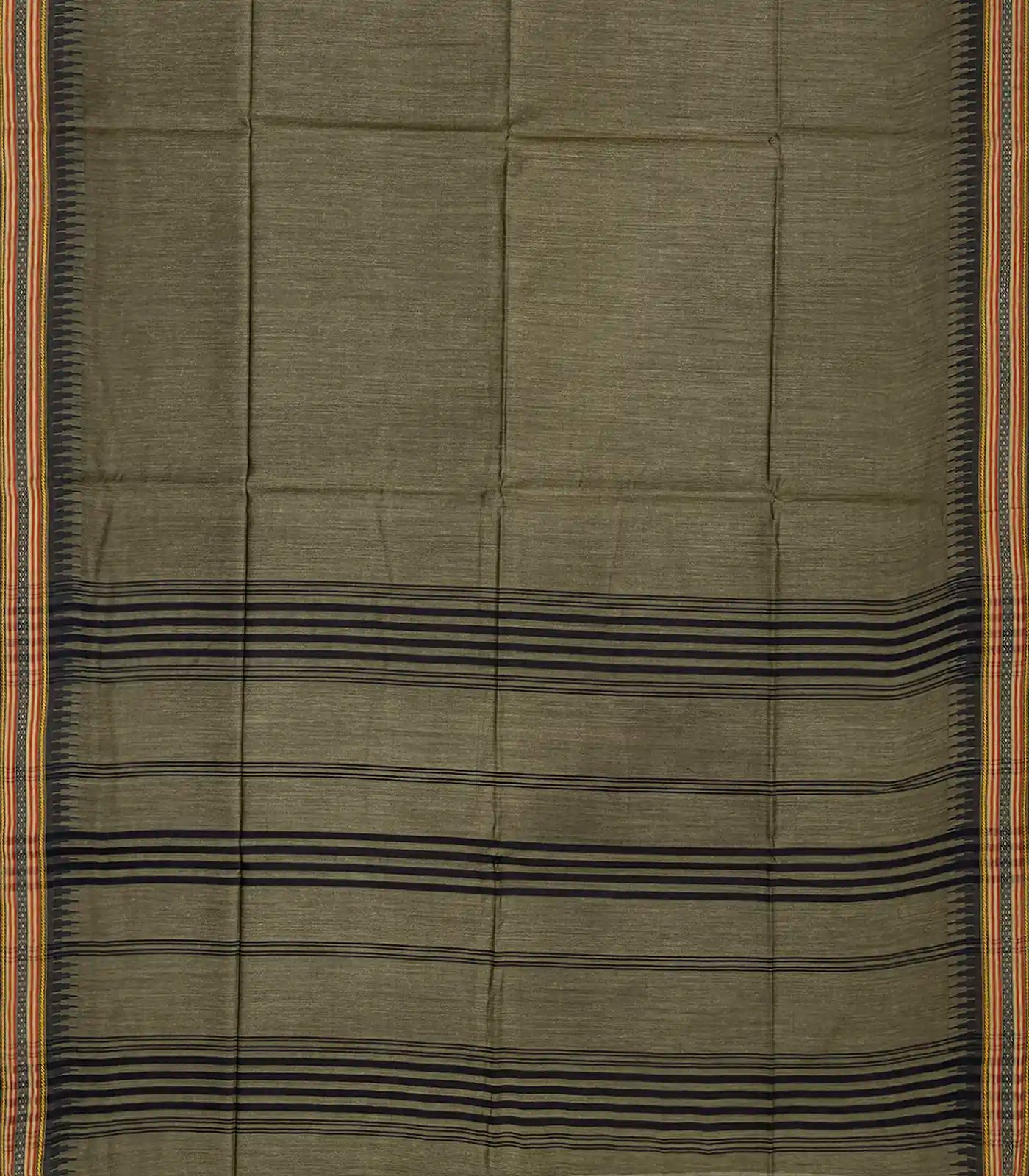 Sage Green Handwoven Tussar Silk Saree With Temple Border-Sage Green