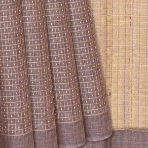 Dark Grey Handloom Tussar Silk Saree With Checks-Dark Grey