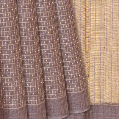 Dark Grey Handloom Tussar Silk Saree With Checks-Dark Grey