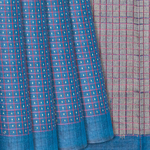 Steel Blue Handloom Tussar Silk Saree With Checks-Steel Blue