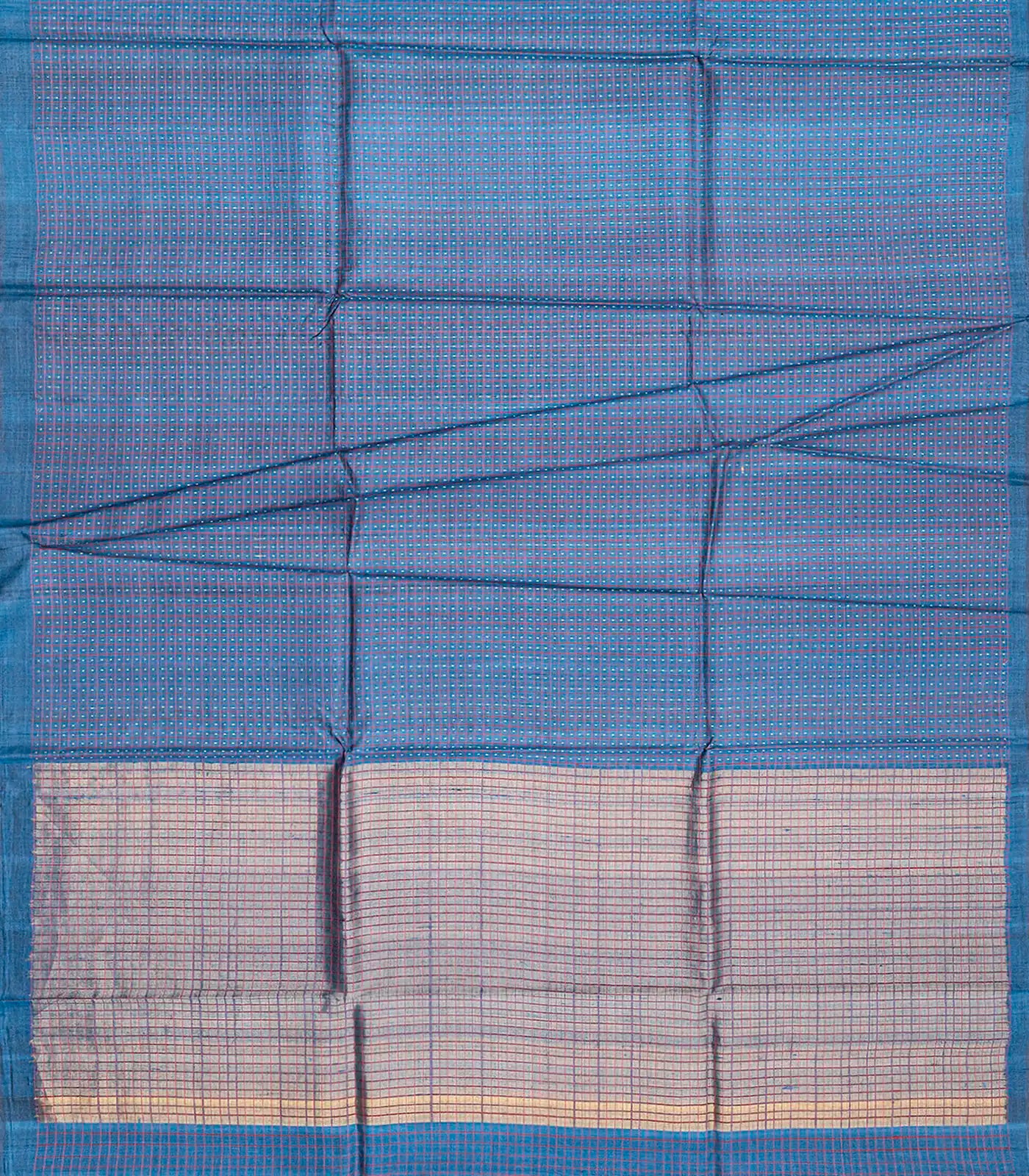 Steel Blue Handloom Tussar Silk Saree With Checks-Steel Blue