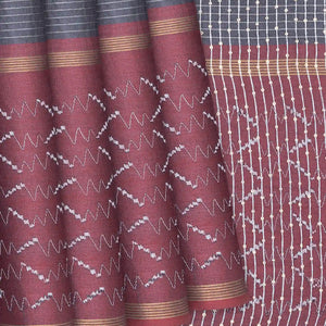 Dark Grey Woven Tussar Silk Saree With Stripes-Dark Grey