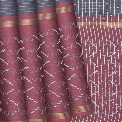 Dark Grey Woven Tussar Silk Saree With Stripes-Dark Grey