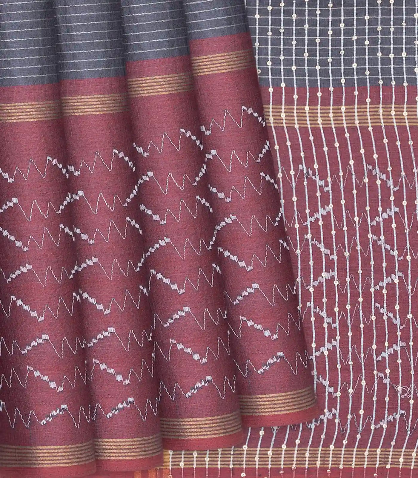 Dark Grey Woven Tussar Silk Saree With Stripes-Dark Grey