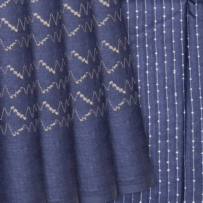 Steel Blue Woven Tussar Silk Saree With Chevron Stripes-Steel Blue