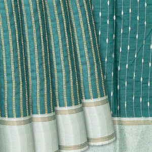 Shadow Green Woven Tussar Silk Saree With Dotted Stripes-Shadow Green