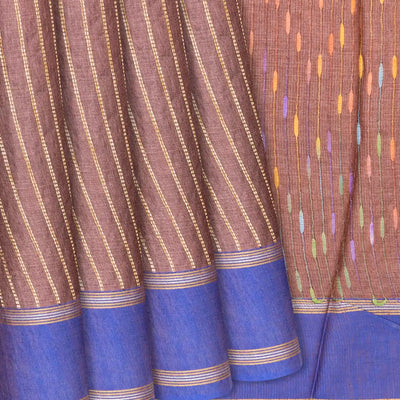Brown Woven Tussar Silk Saree With Dotted Stripes-Brown