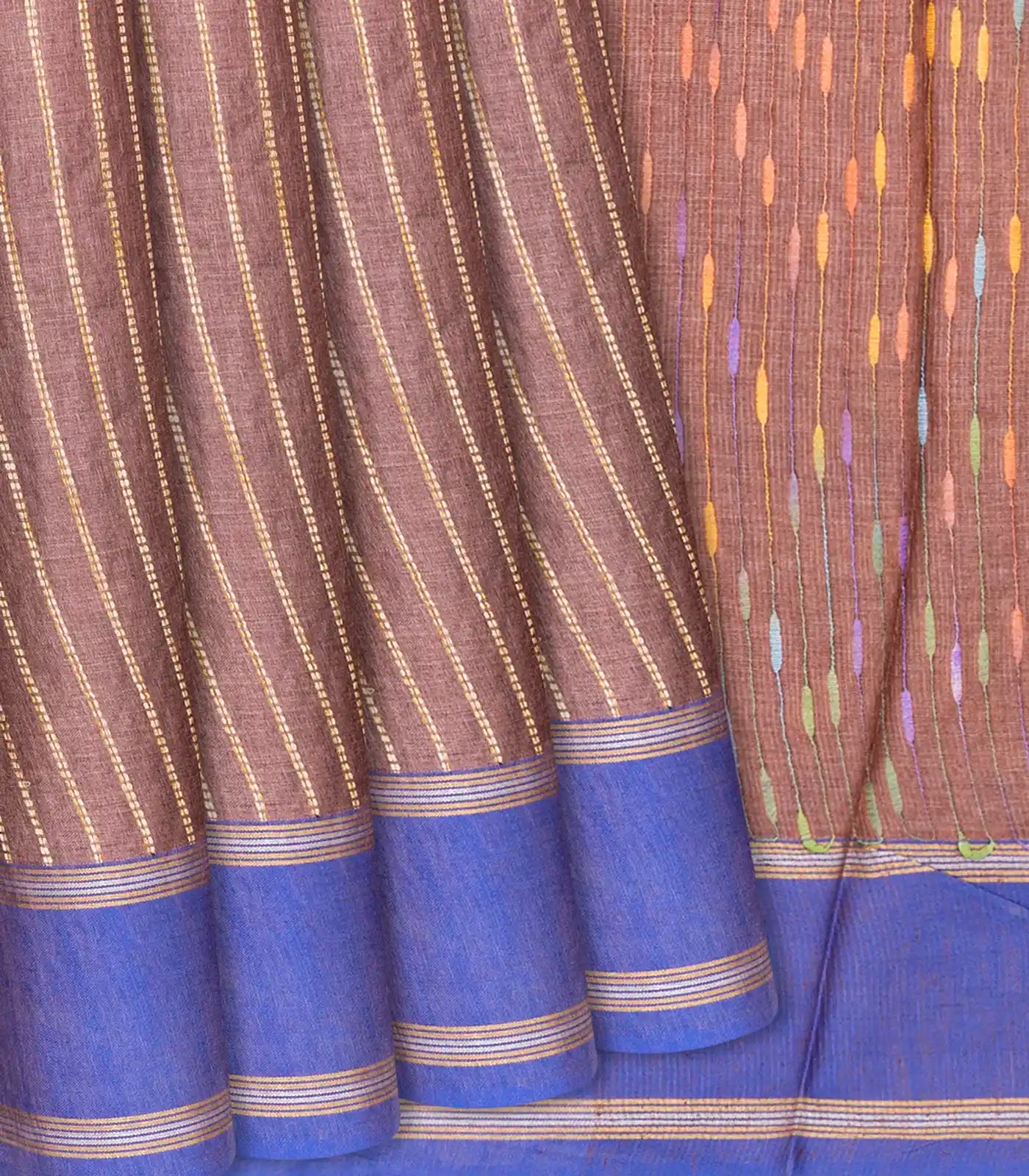 Brown Woven Tussar Silk Saree With Dotted Stripes-Brown