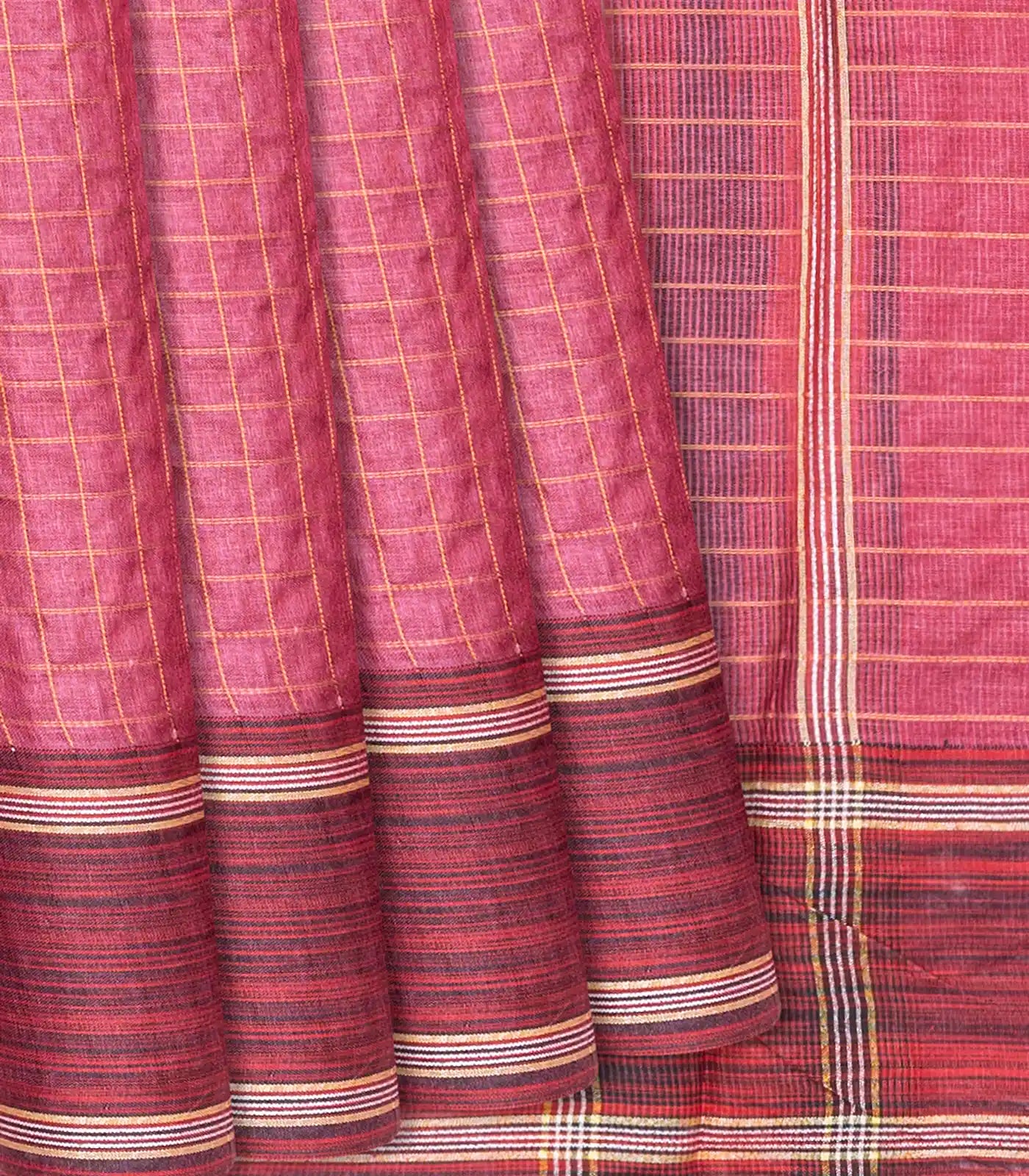 Chestnut Pink Woven Tussar Silk Saree With Dotted Checks-Chestnut Pink