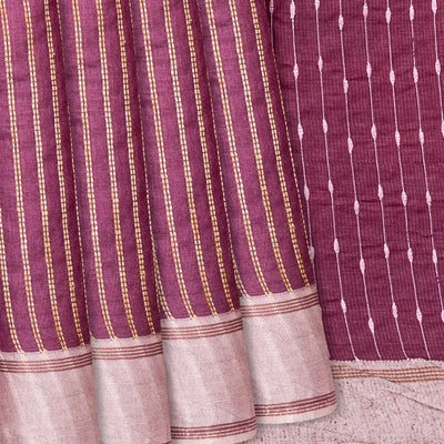 Lilac Woven Tussar Silk Saree With Dotted Stripes-Lilac