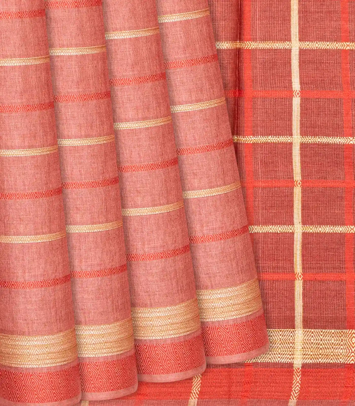 Dark Peach Woven Tussar Silk Saree With Multi Stripes-Dark Peach