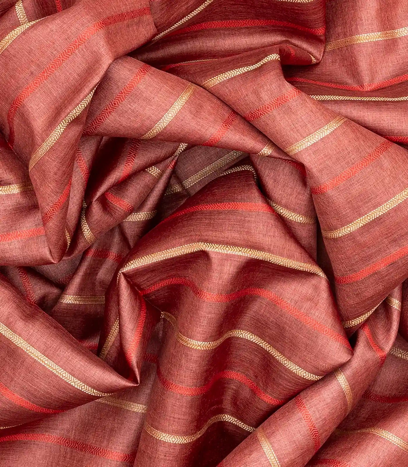 Dark Peach Woven Tussar Silk Saree With Multi Stripes-Dark Peach