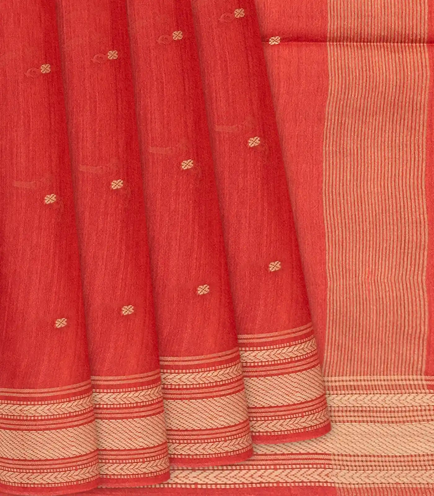 Dark Peach Woven Tussar Silk Saree With Button Motifs-Dark Peach