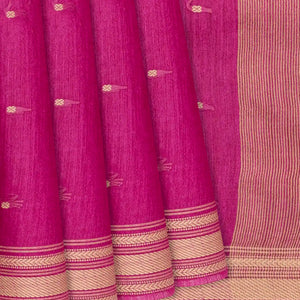 Hot Pink Woven Tussar Silk Saree With Button Motifs-Hot Pink