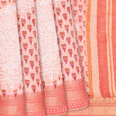 Baby  Handloom Tussar Silk Saree With Printed & Embroidery Motifs-Baby Pink